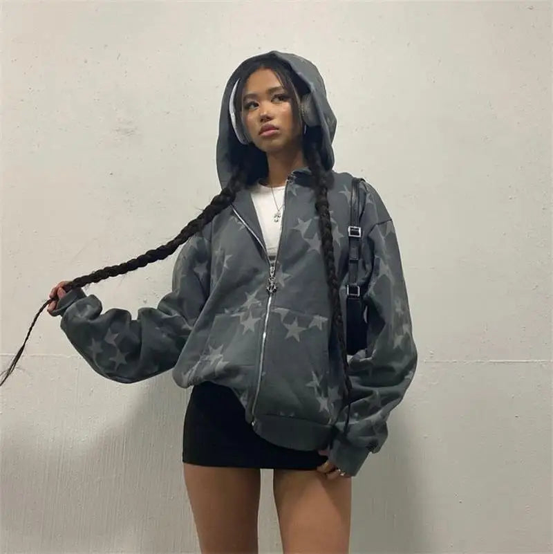 y2k Sweatshirt Men Star Print Long Sleeve Hooded Tops 2000s Aesthetic Clothes Zip Up Streetwear Fairycore Grunge Jacket Fall