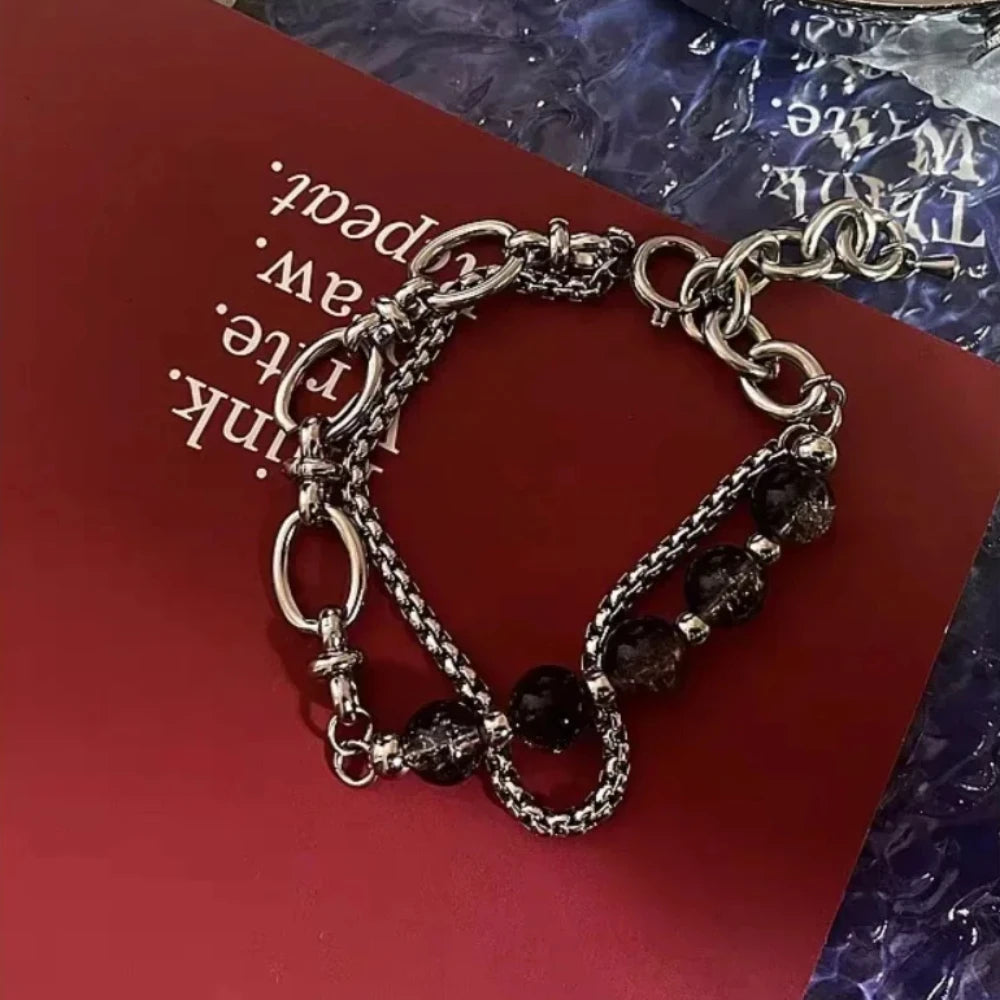2024 Retro Black Cracking Beads Bracelet for Men Women Stainless Steel Double Layered Chain Fashion Hip-pop Jewelry Pulseras