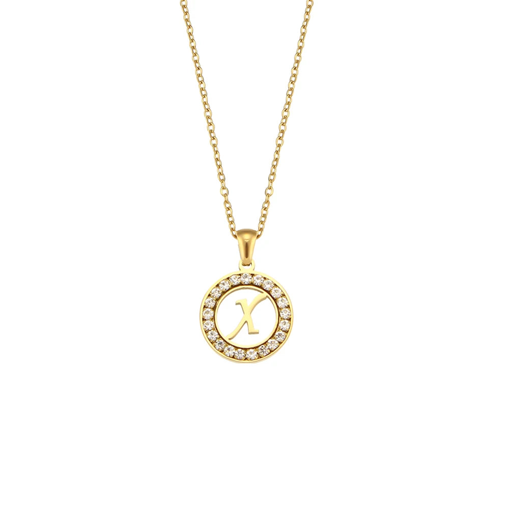 E.B.belle Hollow Round Zircon Paved 26 Alphabet Initial Necklace Ladies Elegant Birthday Gift 18K Gold Plated Letter Necklace