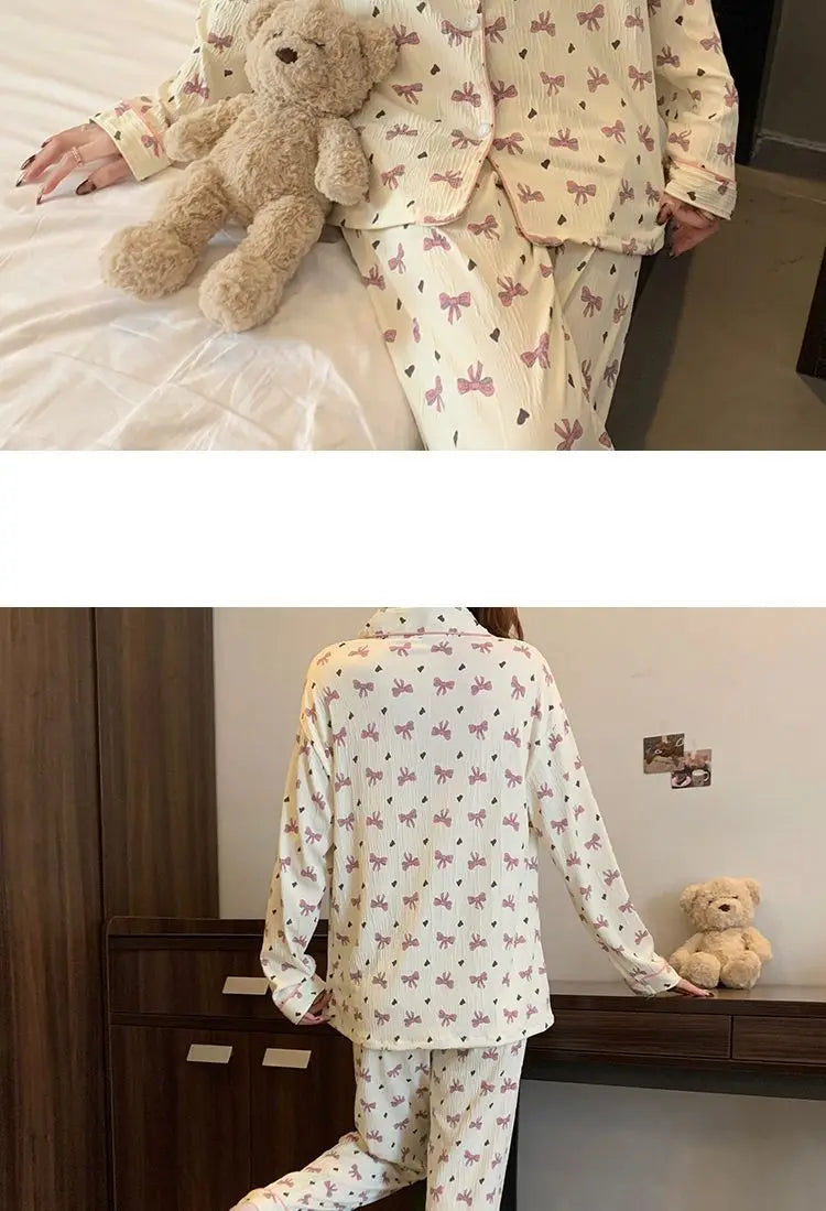 Spring and Autumn New Women's 2025 Printed Wrinkled Cloth Pajamas Girls Long-Sleeved Sweet Small Flowers Pajamas Homewear Set
