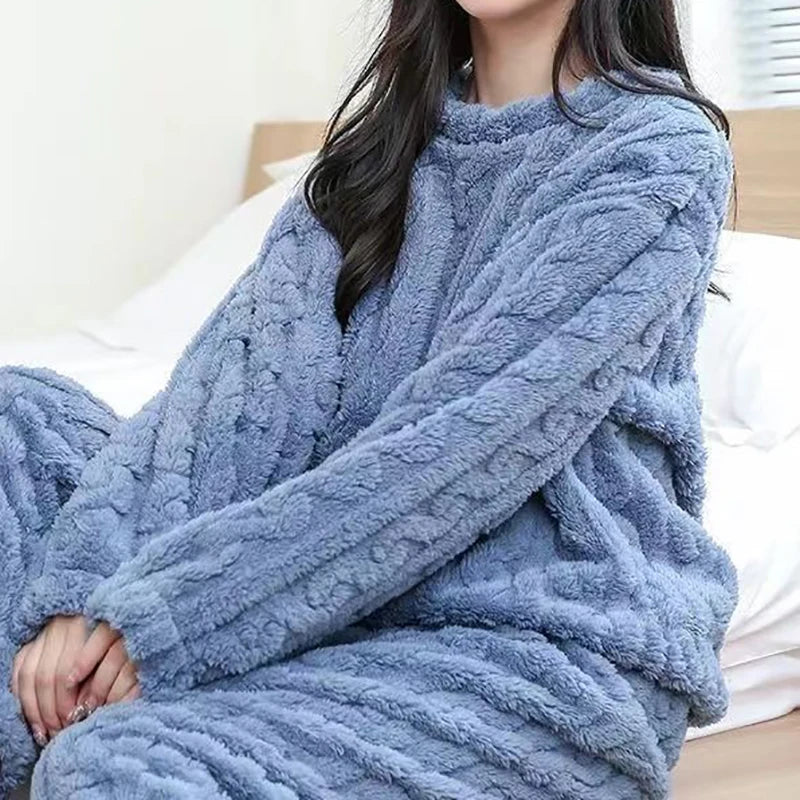 Autumn Women Solid Warm  Thicken Velvet Ribbed Fleece Set Pullover And Pants Women Casual Pajama Sets 2024