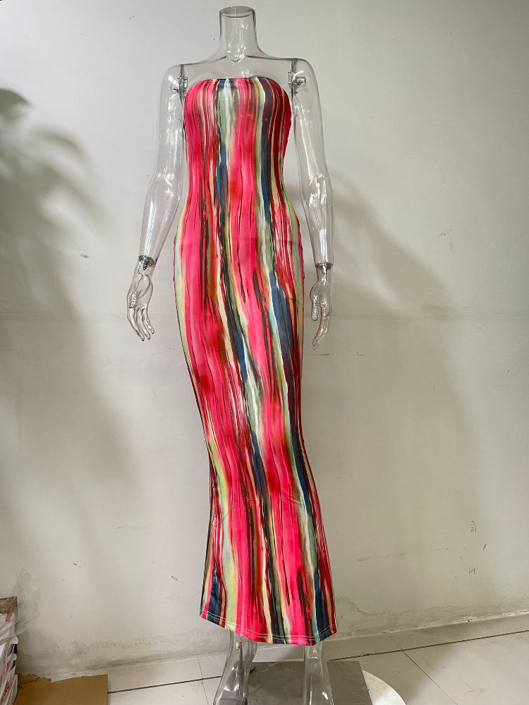 Sexy Boho Style Colorful Striped Tie-dyed Long Maxi Dress Women Strapless Sleeveless Bodycon Dress Elegant Club Party Vestidos