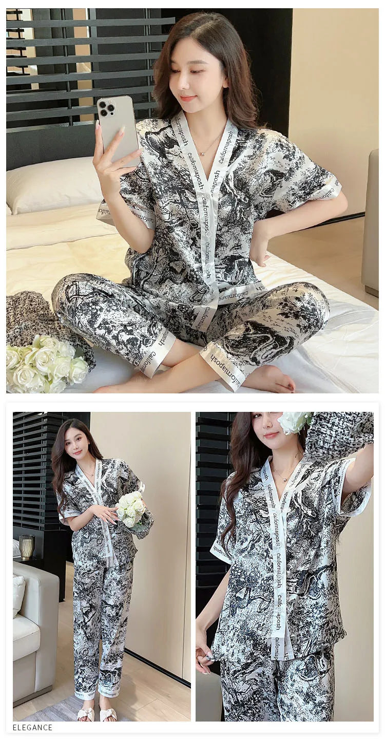 Pajamas Women Ice Silk Cardigan Short Sleeve Long Pants Fashion Casual Silk Wearable Homewear Green Letter Suit