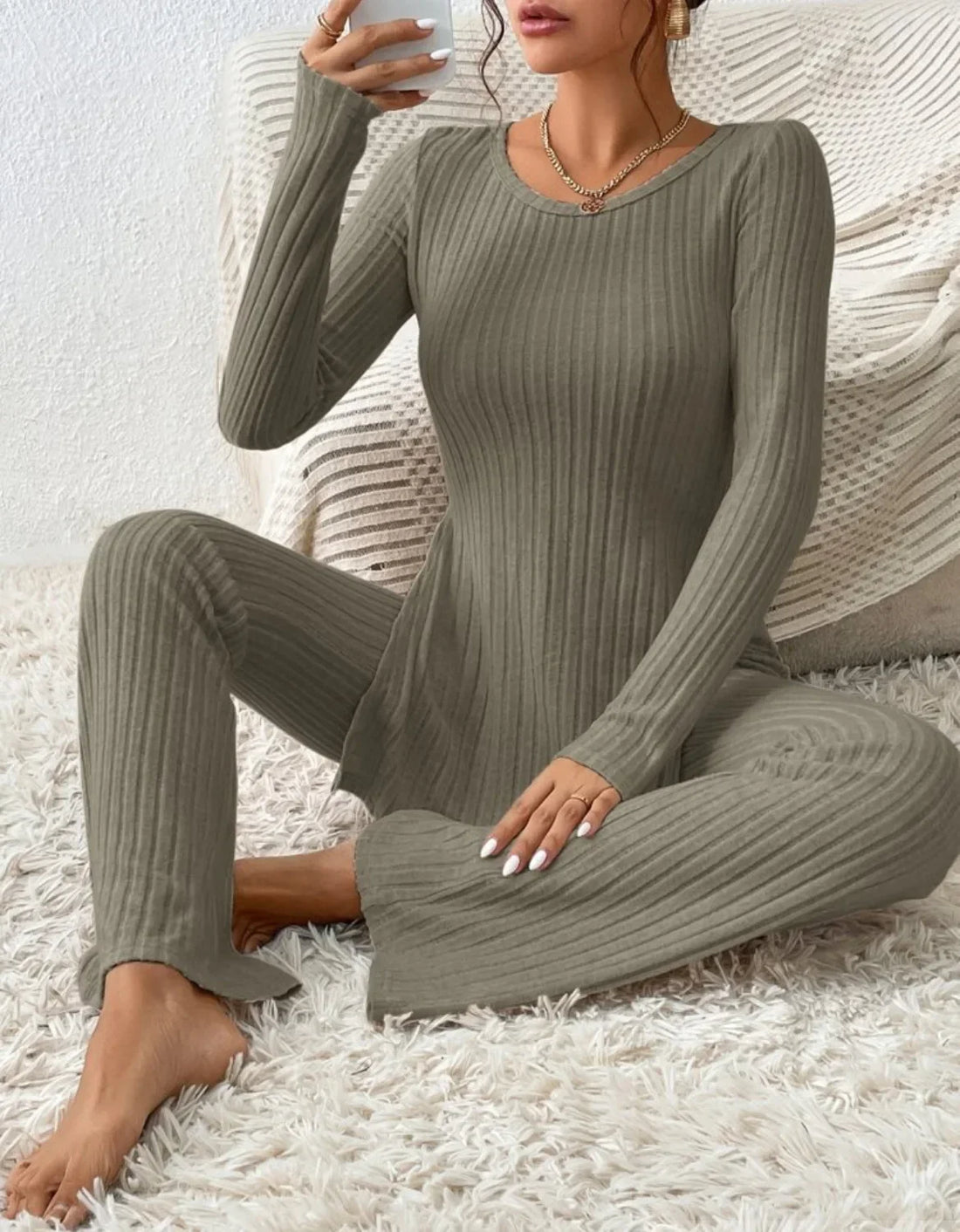 Autumn Winter Fashion Knit Suit 2024 Casual Loose Pullover+Elastic Long Pants Print Knitted Solid Two Pieces Sets Women Clothing