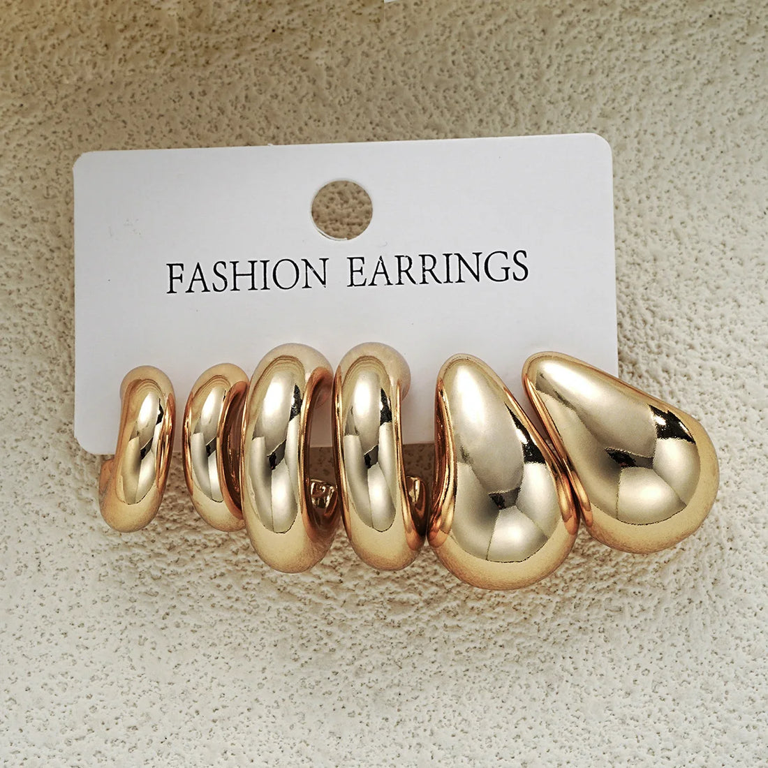 6Pcs Classic Geometry Glossy Ccb Gold Plated Waterdrop C Shape Hoop Earrings Set for Women Teens Vintage Daily Wear Ear Jewelry