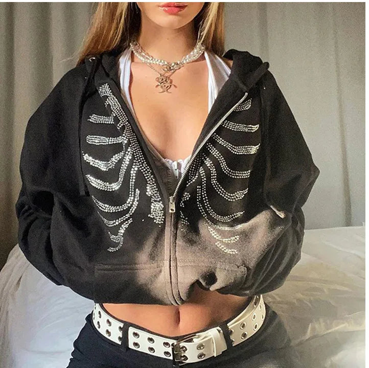 Y2K Rhinestone Skeleton Hoodies Women Gothic Black Zip Up Oversized Sweatshirts Female Retro Harajuku Hooded Jacket Streetwear