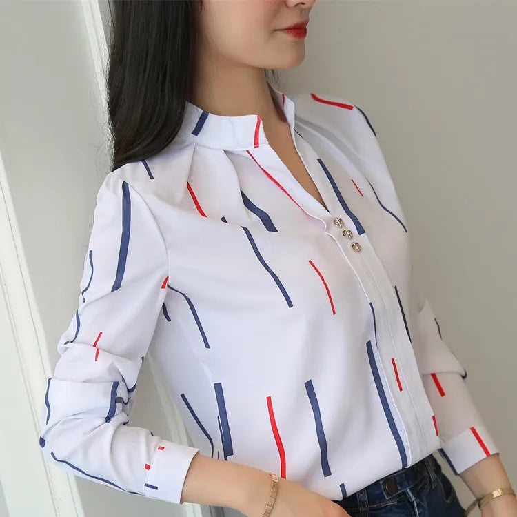 Stripe Women Blouse Fashion Standing Collar Women's Shirt Long Sleeved Shirts and Blouses Printing Ladies Tops Basic Womens Tops