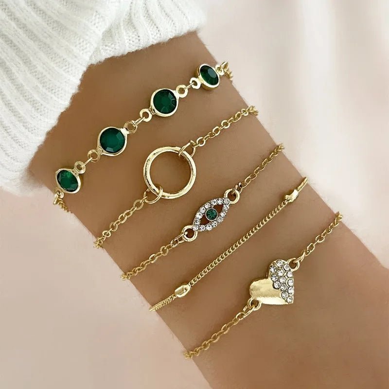 5 PCS Set Hallow Out Heart Green Crystal Stone Bracelet Set For Women Gold Color Lovely Butterfly Rhinestone Girls Bracelet Set