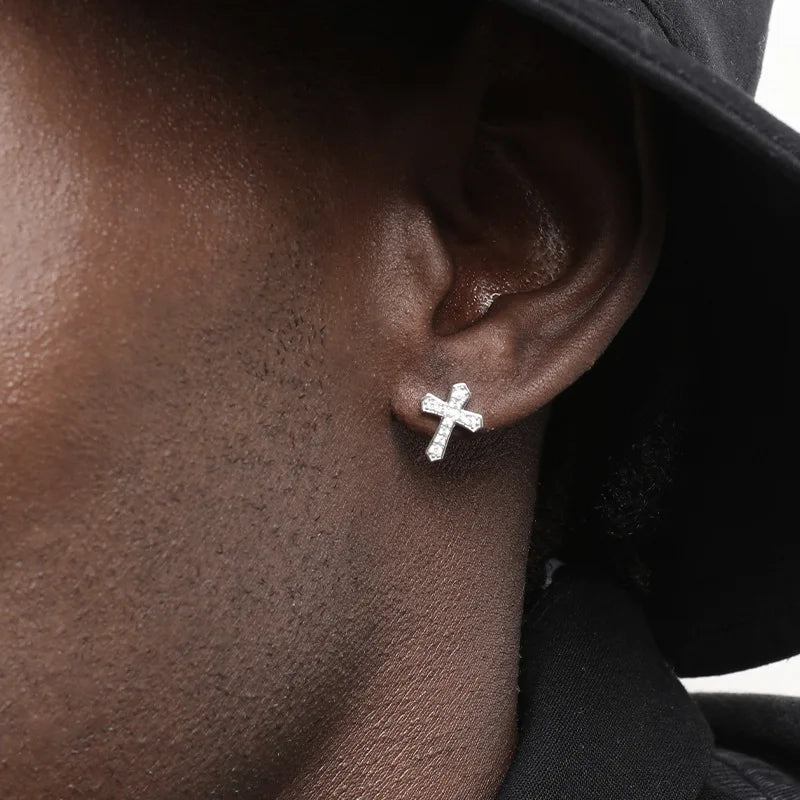 2024 New Rhinestones Cross Earrings for Men Personality Hip-Hop Pair Stainless Steel Stud Earrings Male Women's Party Jewelry