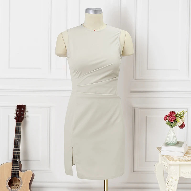 ZANZEA 2024 Elegant Mini Dress Summer Women Sleeveless O-neck Tank Dress Fashion Draped Short Robes Office Slit Hem Vestidos