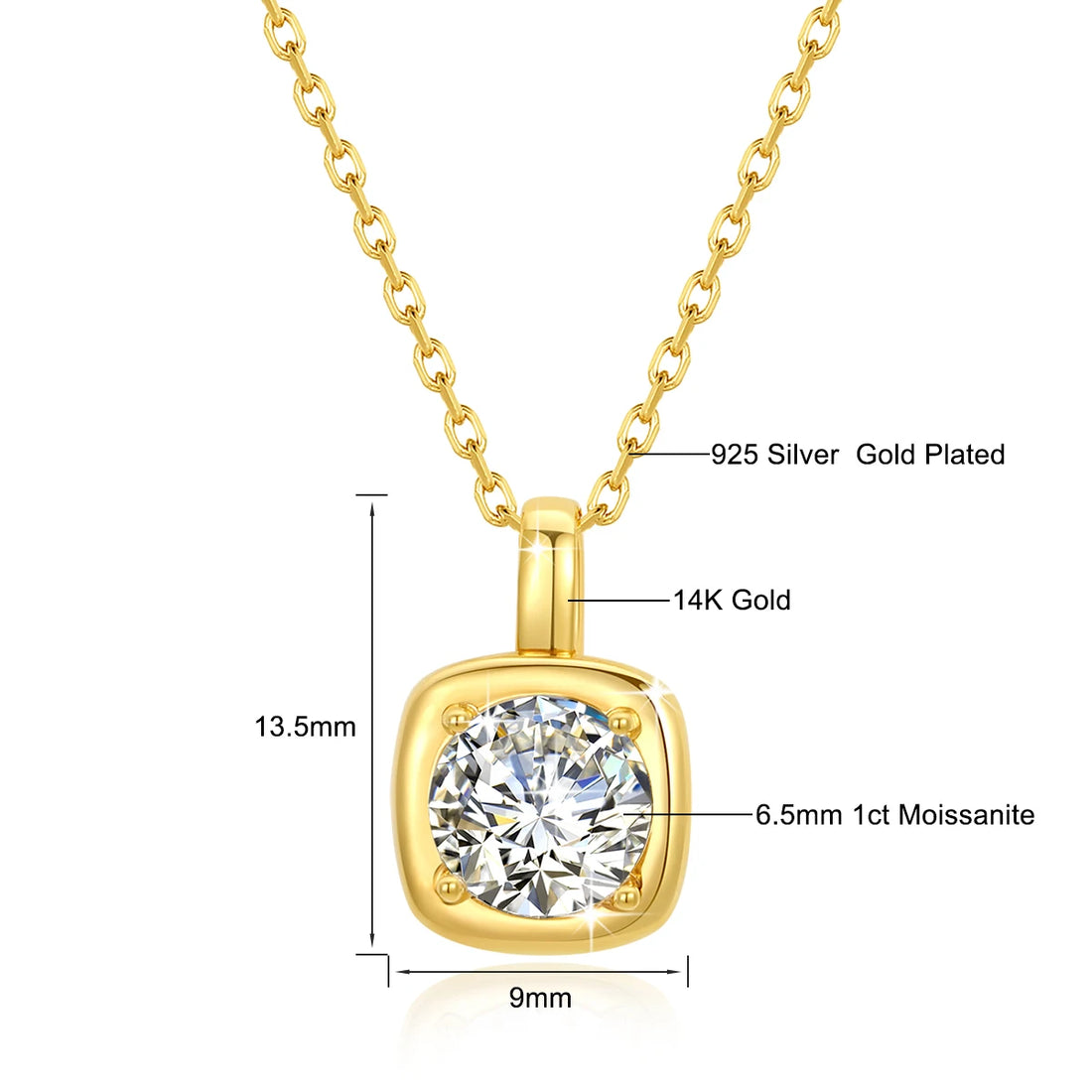 Casual 14K Gold AU585 Personalized Necklace 1ct Moissanite Diamond Sugar Cube Pendant for Woman Wedding Gifts Certified Jewelry