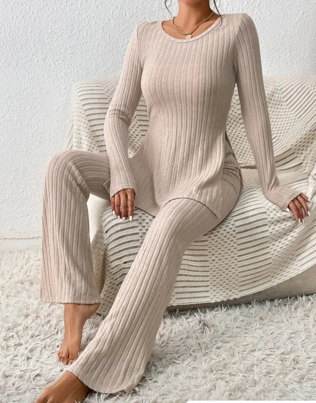 Autumn Winter Fashion Knit Suit 2024 Casual Loose Pullover+Elastic Long Pants Print Knitted Solid Two Pieces Sets Women Clothing