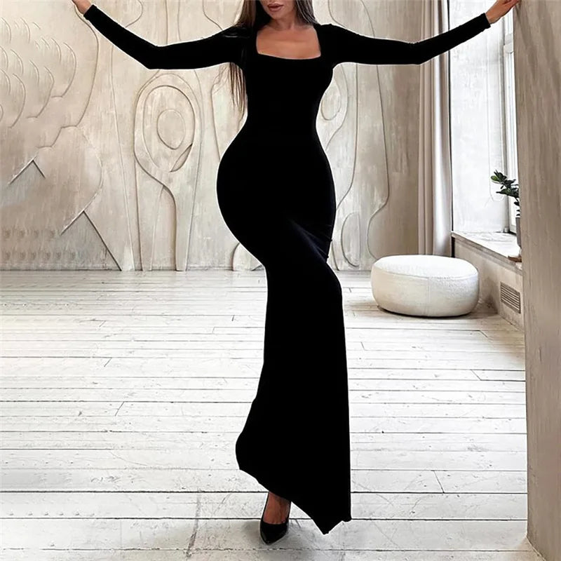 Sexy Bodycon Party Solid Color Long Dress For Women Long Sleeve Bandage Slim Dresses 2023 Autumn New Fashion Vestidos Black Robe