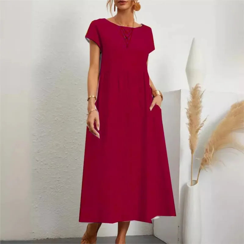 2024 Summer New Short Sleeved Women's Dress With Loose Casual Pockets Solid Color Round Neck Pullover Long And Elegant Dress