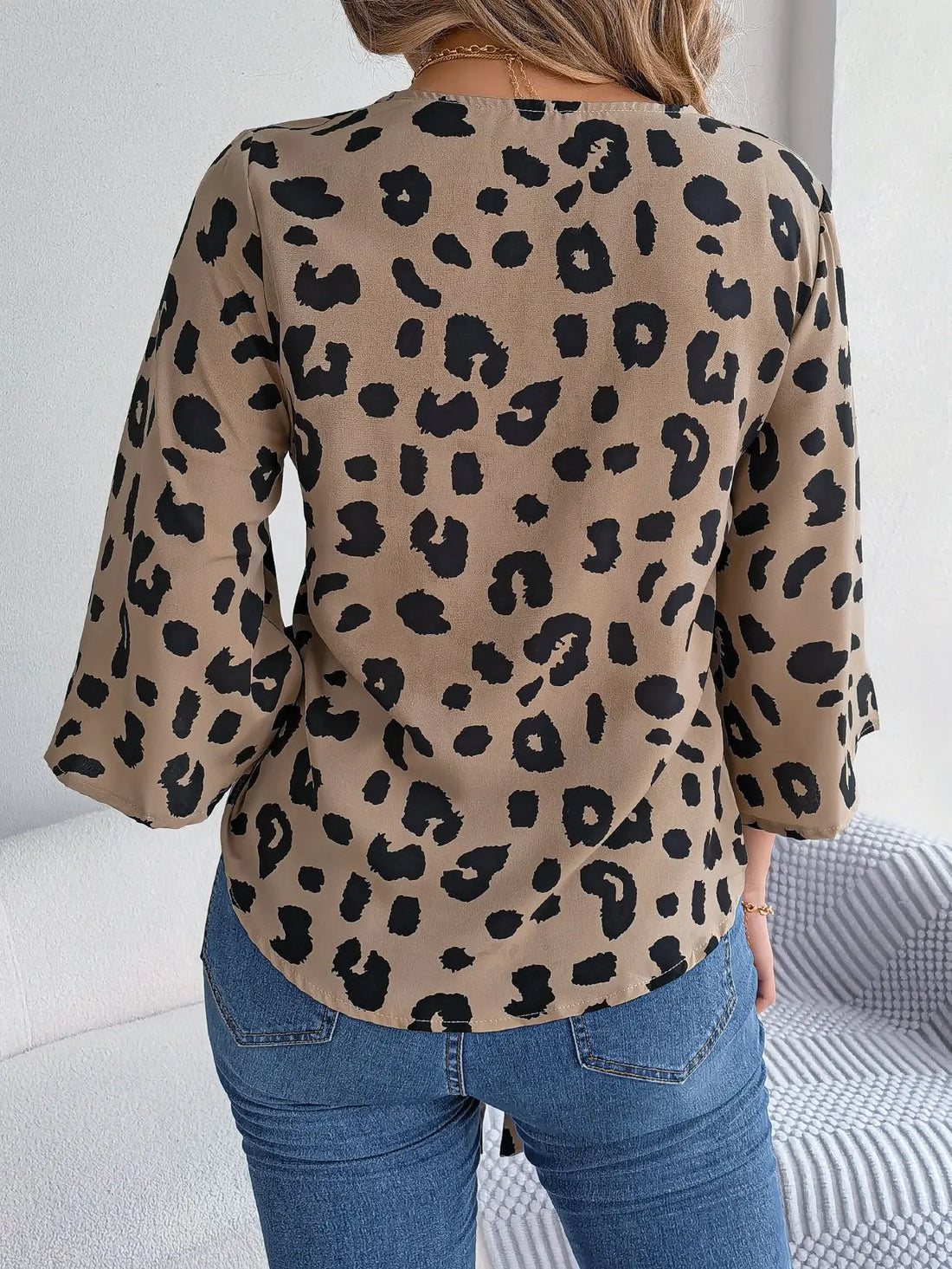 Spring Summer Casual Leopard Print Middle Sleeve Tie Bow Top Women Button Shirt