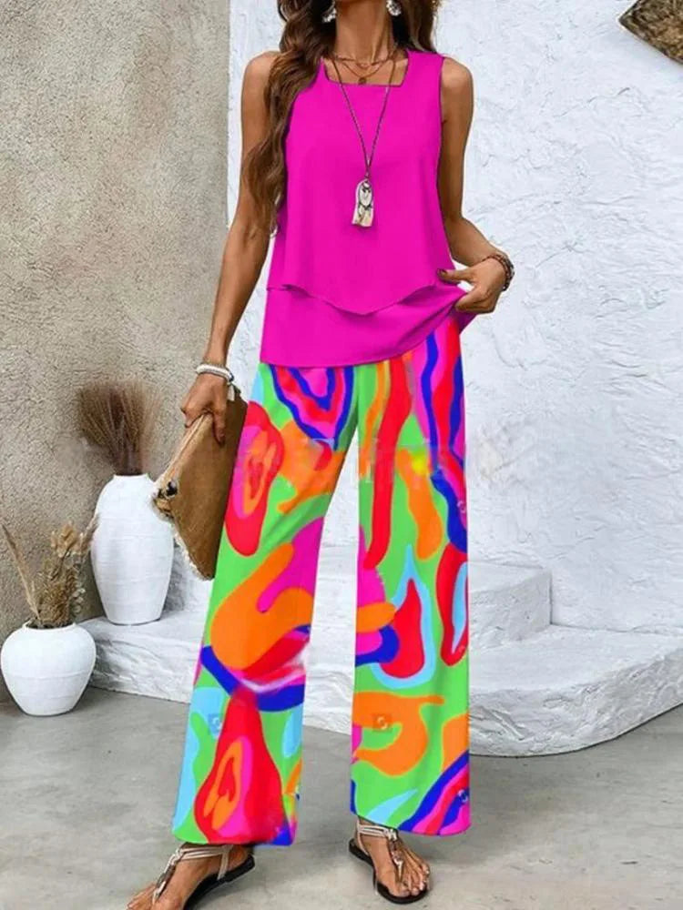 Elegant Square Collar Top Wide Leg Pants Two-piece Set 2025 New Women's Sleeveless Double-layer Vest Pants Set Woman Rompers
