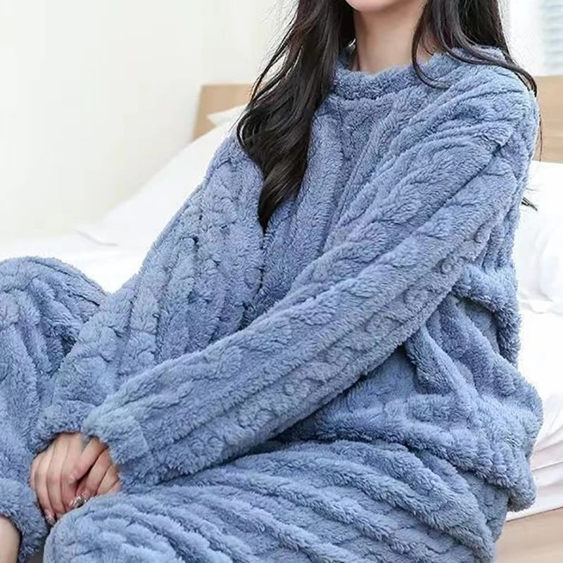 Autumn Women Solid Warm  Thicken Velvet Ribbed Fleece Set Pullover And Pants Women Casual Pajama Sets 2024