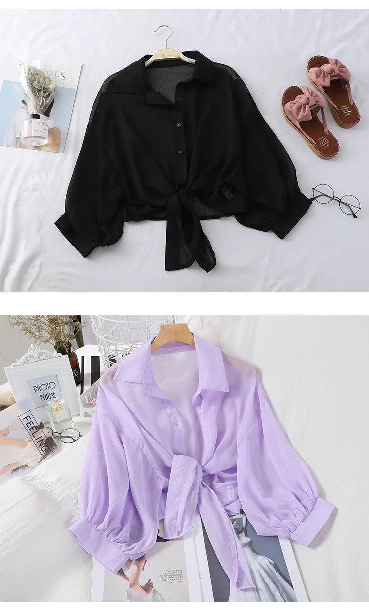 Chiffon Shirts Women 2025 Summer Half Sleeve Buttoned Up Shirt Loose Casual Blouse Tie Waist Elegant Blouses for Women