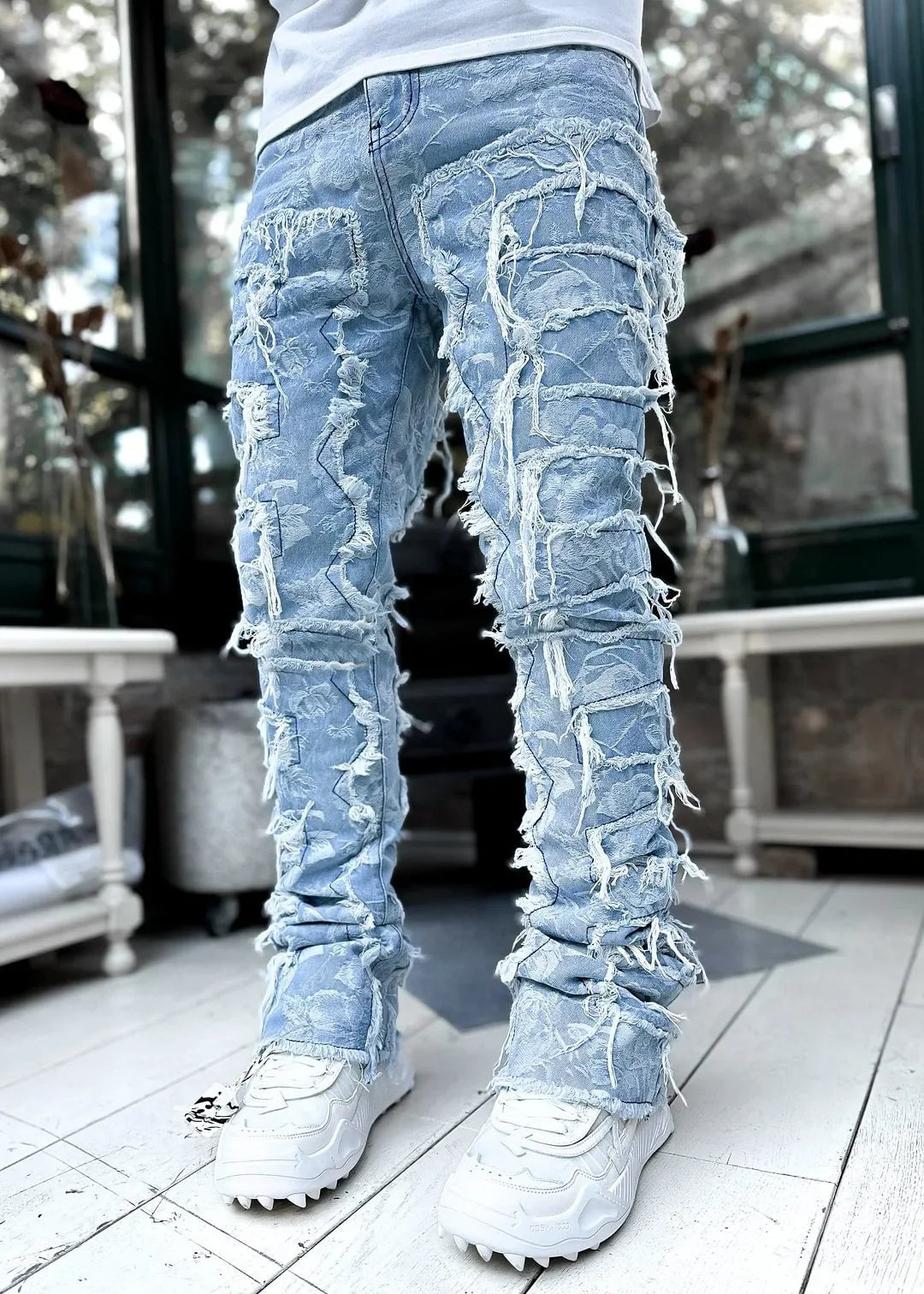 New European Camo Pants Men High Street Slim Fit Stretch Patched Denim Ripped Male's Stacked Jeans Men's camouflage jeans