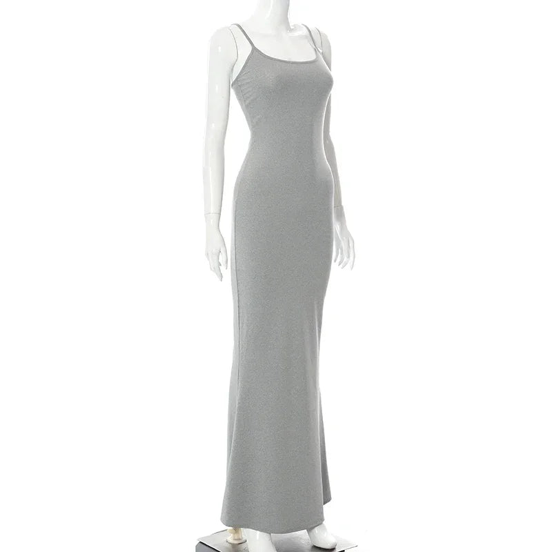 Y2K Backless Sexy Maxi Dress for Women 2025 Spring Slip Sleeveless Slim Party Concise Платье Female Bodycon Black Dress Vestidos