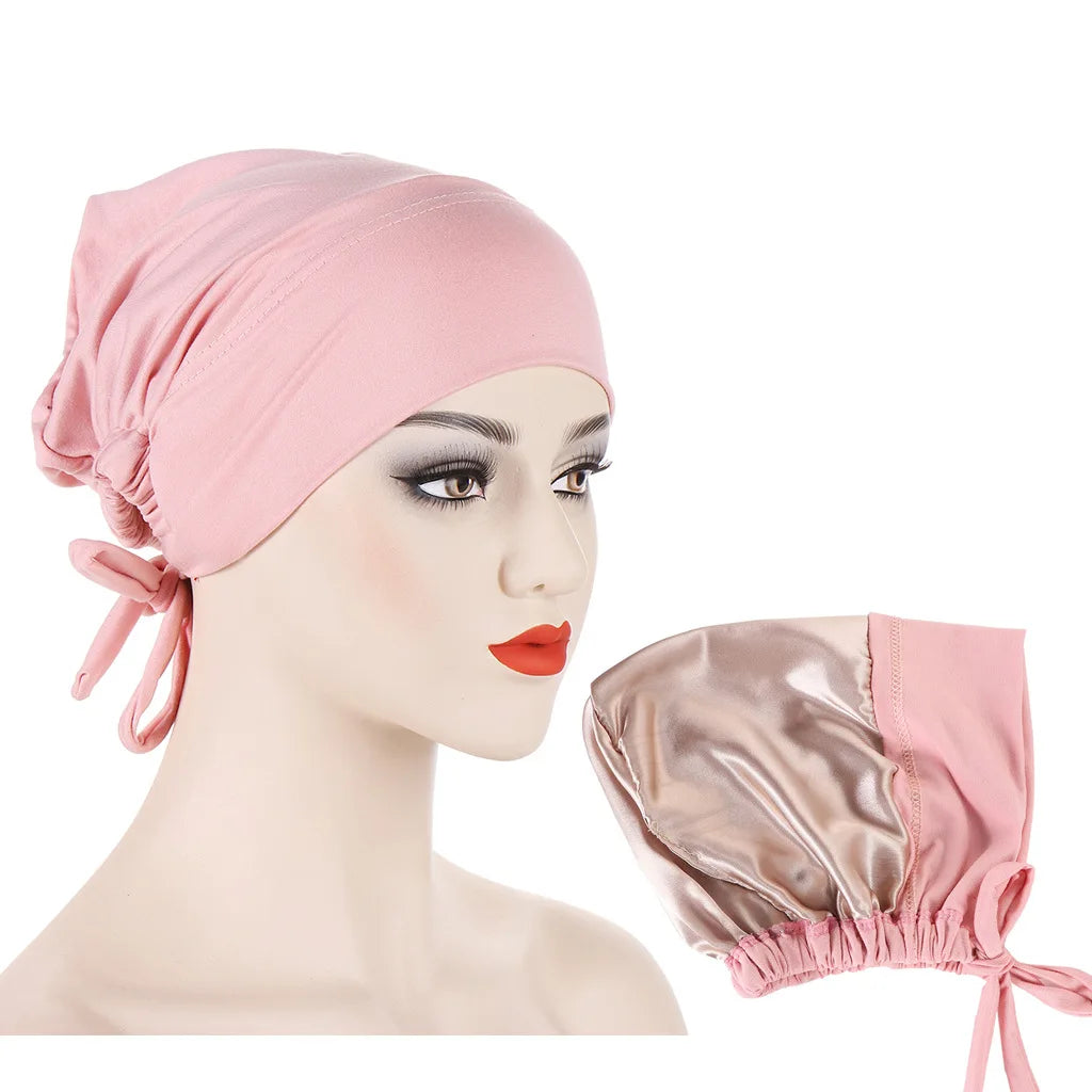 Double Layer Satin Hijab Cap for Women, Islam Undercap with Tie Bonnet, Instant Hijabs, Turkish Scarves, Muslim Turban, Bandana