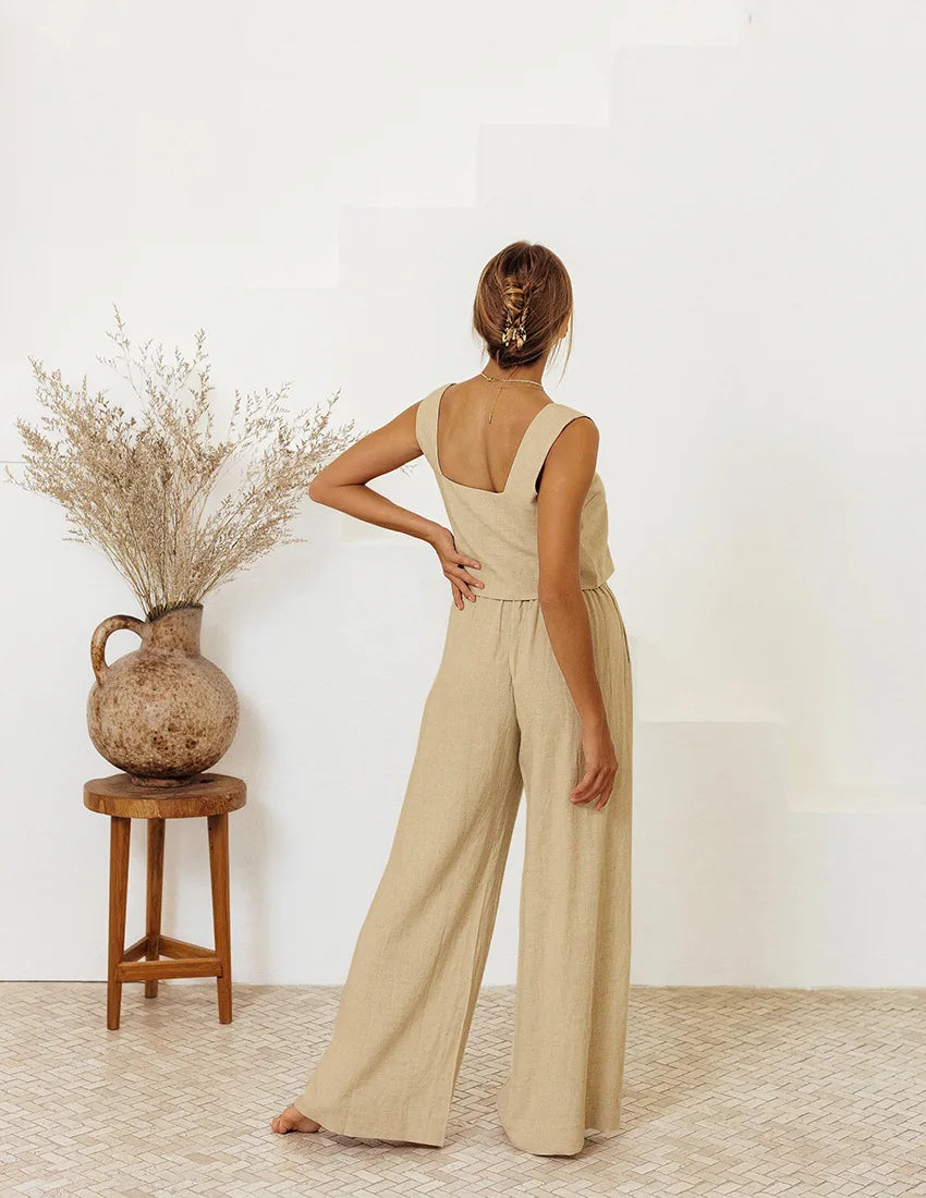 Women Casual Solid Color Suit Sweet 2 piece Set Sleeveless Vest Wide Leg Pants Cotton And Linen Sets Suumer Fashion Women's Wear