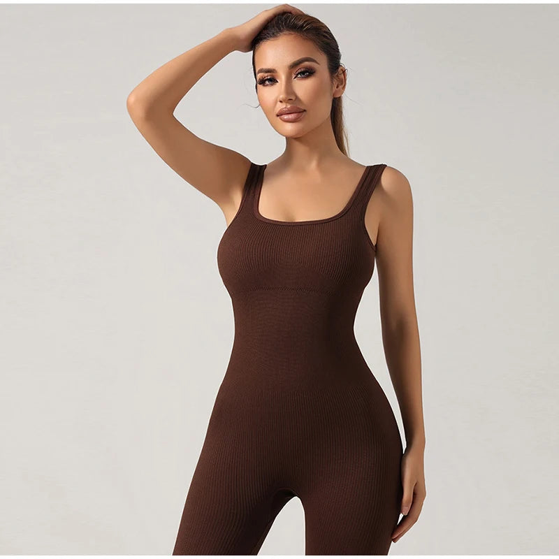 Women Workout Seamless Jumpsuit Yoga Ribbed Bodycon One Piece Square Neck Leggings Romper