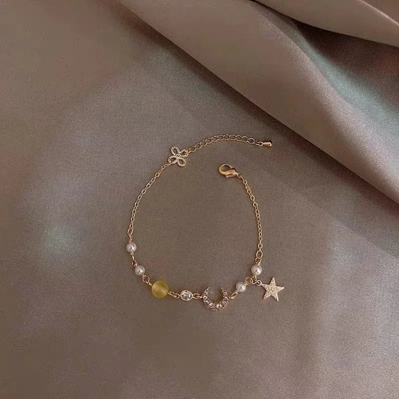 Elegant Crystal Flowers Bracelet For Women Y2K Sweet Girls Moon Cherry Blossom Bow Zircon Bracelets Luxury Designer Jewelry Gift