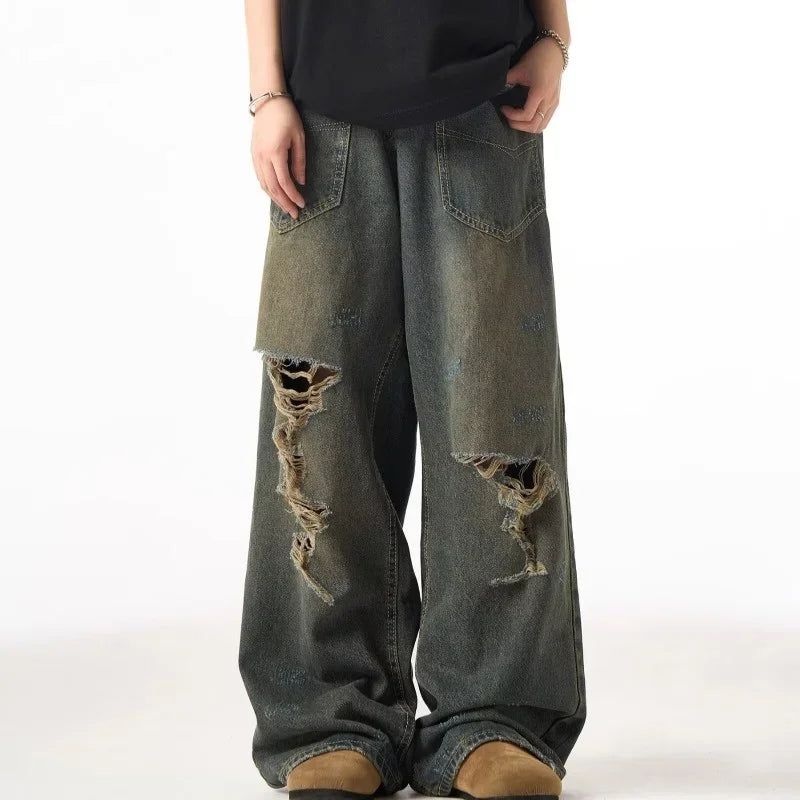 Spring American Retro Ripped Wide-leg Jeans For Men High Street Fashion Distressed Baggy Denim Pants 2025 New Casual Y2K Jean