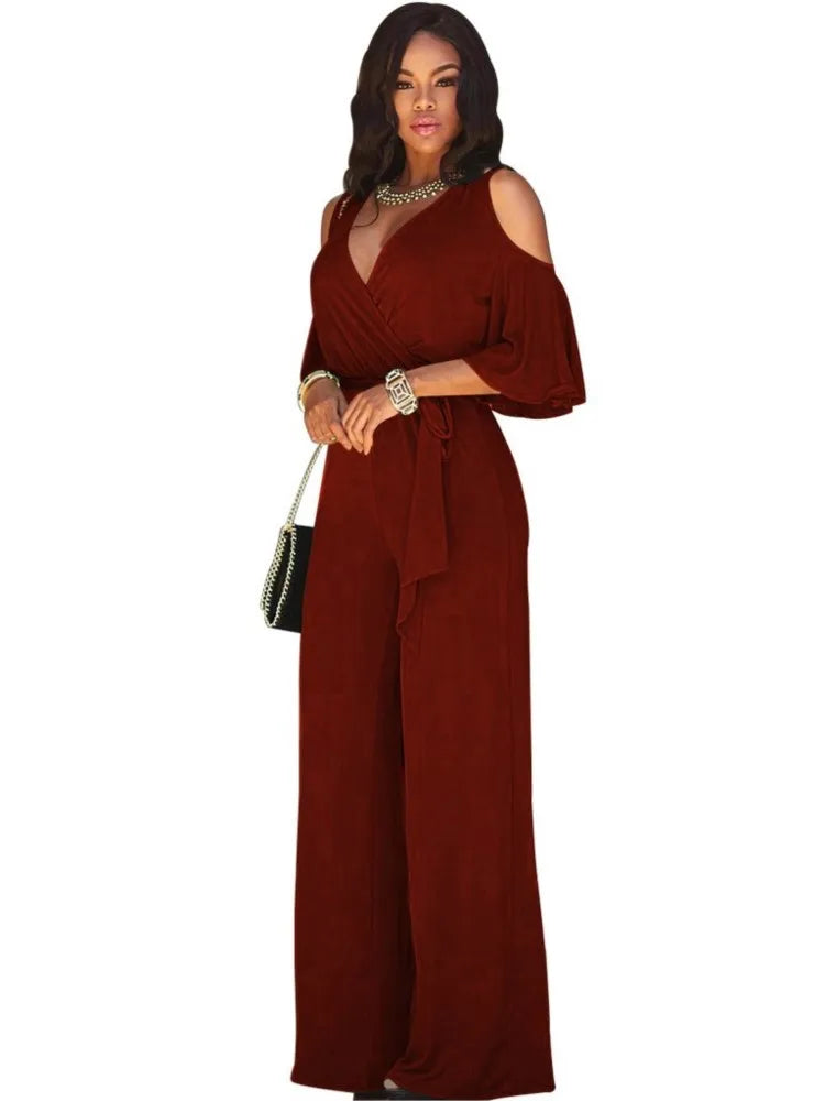 Spring Summer Solid Color Women Sexy Deep V Neck Short Sleeve Rompers Fashion Slim Fit Lace Up Elegant Female Wide Leg Jumpsuit