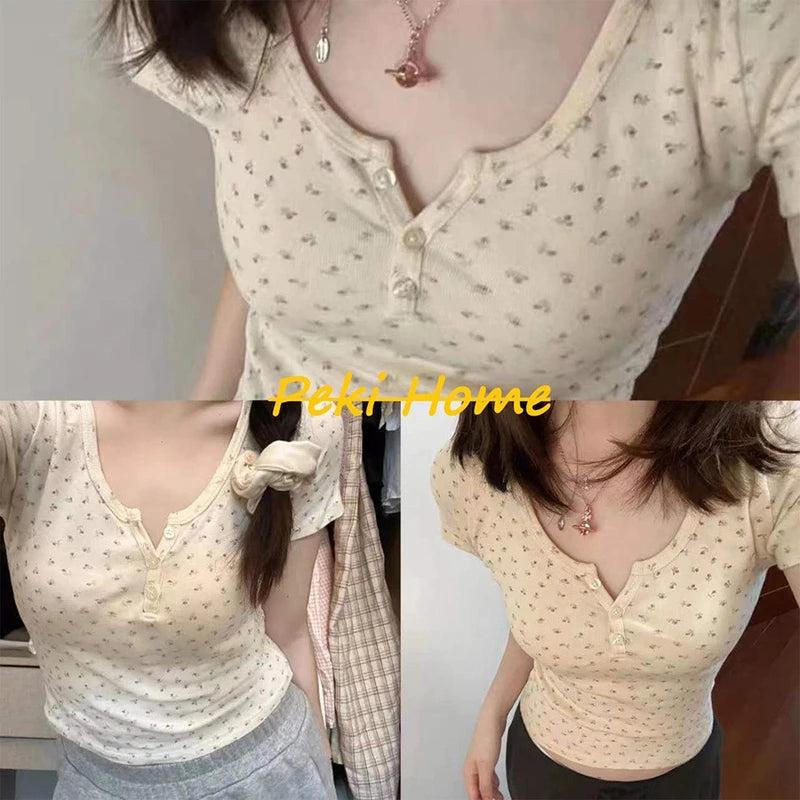 Sexy Sleeveless Camis Women Summer Top Small Print Slim Lace T-shirt Female Floral Shirt Button Shirt Tops For Students Girl