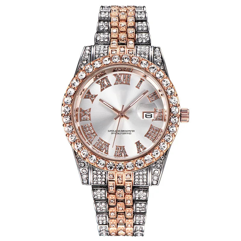 New Fashionable Full Diamond Men's Watch for Foreign Trade, Starry Sky Calendar, Quartz Interroom Gold Men's Steel Belt Watch