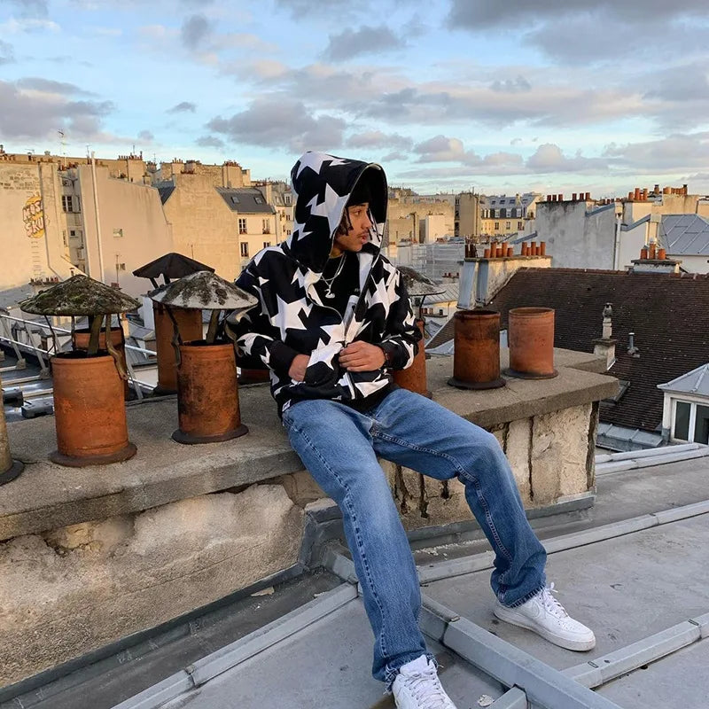 y2k Sweatshirt Men Star Print Long Sleeve Hooded Tops 2000s Aesthetic Clothes Zip Up Streetwear Fairycore Grunge Jacket Fall