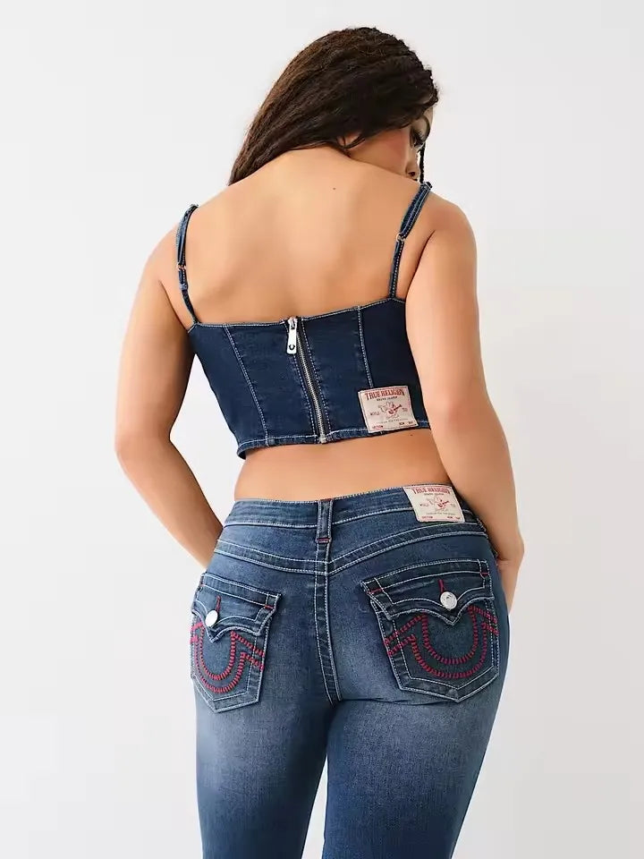 Gothic Vintage Jeans Y2K Clothes Men Women Harajuku Pocket Embroidery Retro Blue Baggy Jeans High Waist Slim Flared Trousers