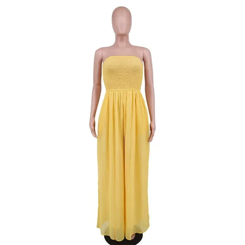 Women Strapless Sleeveless Long Loose Wide Leg Pants Overall Jumpsuits High Waist Solid Color Full Length Pants
