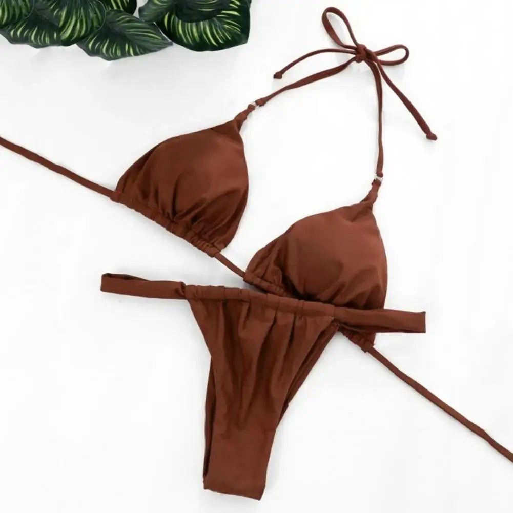 Women Bikini Set Low-cut Pleated Push Up Backless sexy hot girls Bikini Set Lace Up High Waist Halter Neck Bathing Suit Swimwear