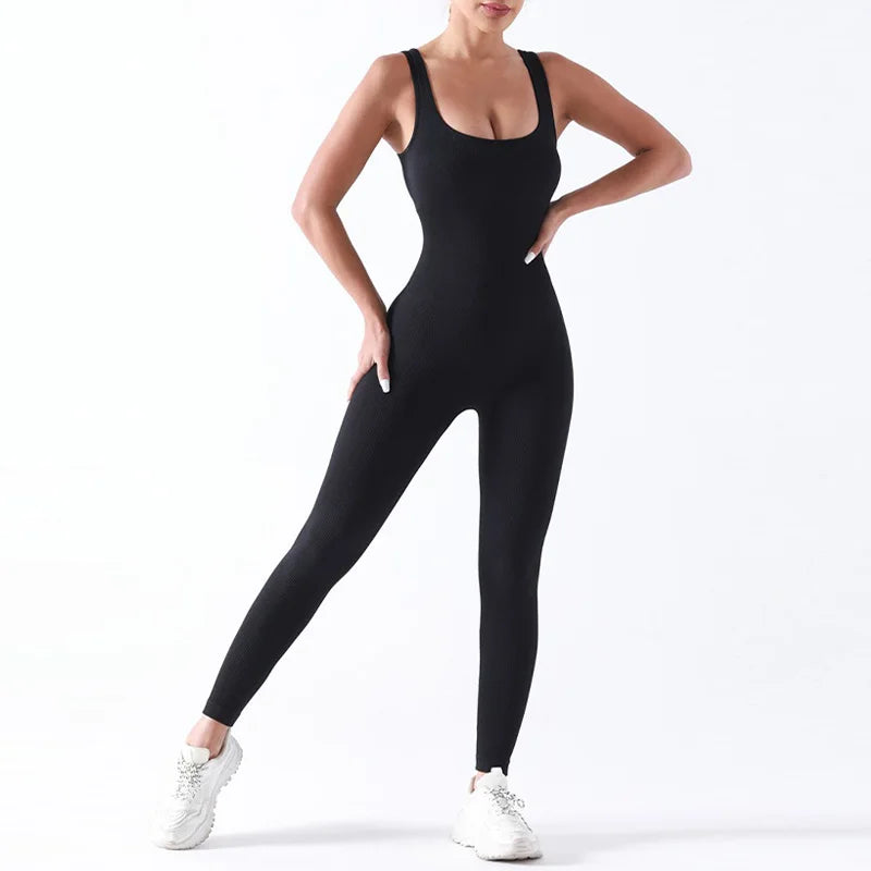 Women Workout Seamless Jumpsuit Yoga Ribbed Bodycon One Piece Square Neck Leggings Romper