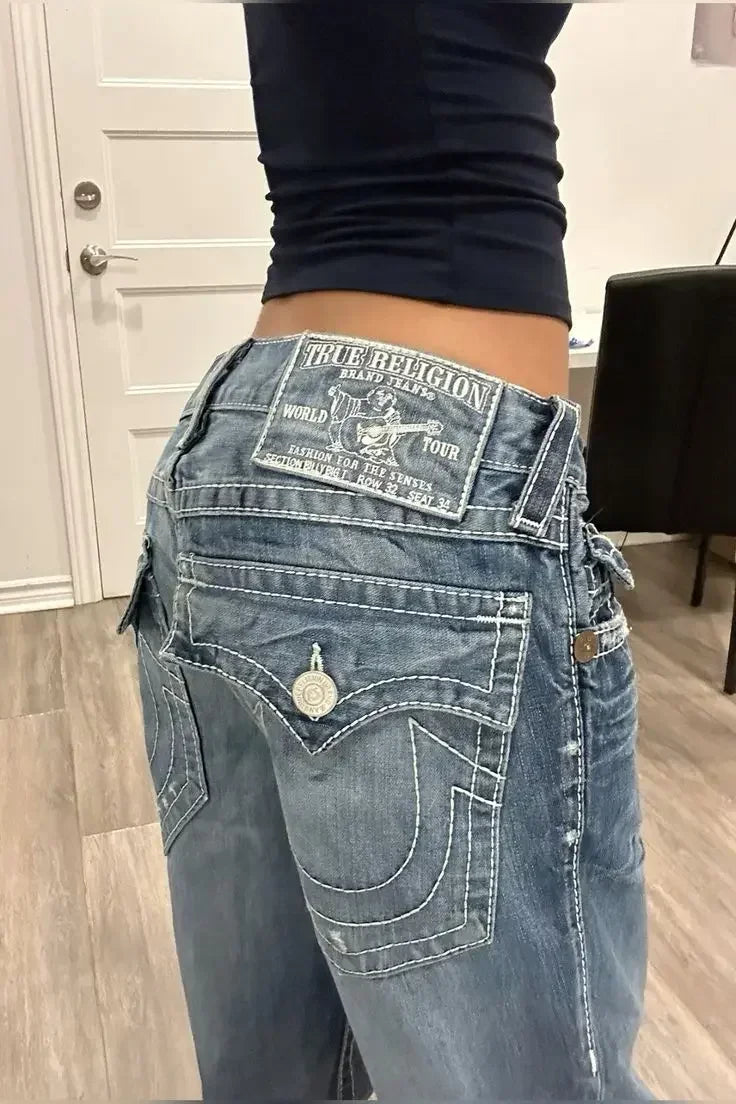 Y2k Denim Pants Harajuku High Waist Straight Wide Leg Jeans Vintage Buddha Embroidered Jeans Casual High Street Women Clothing