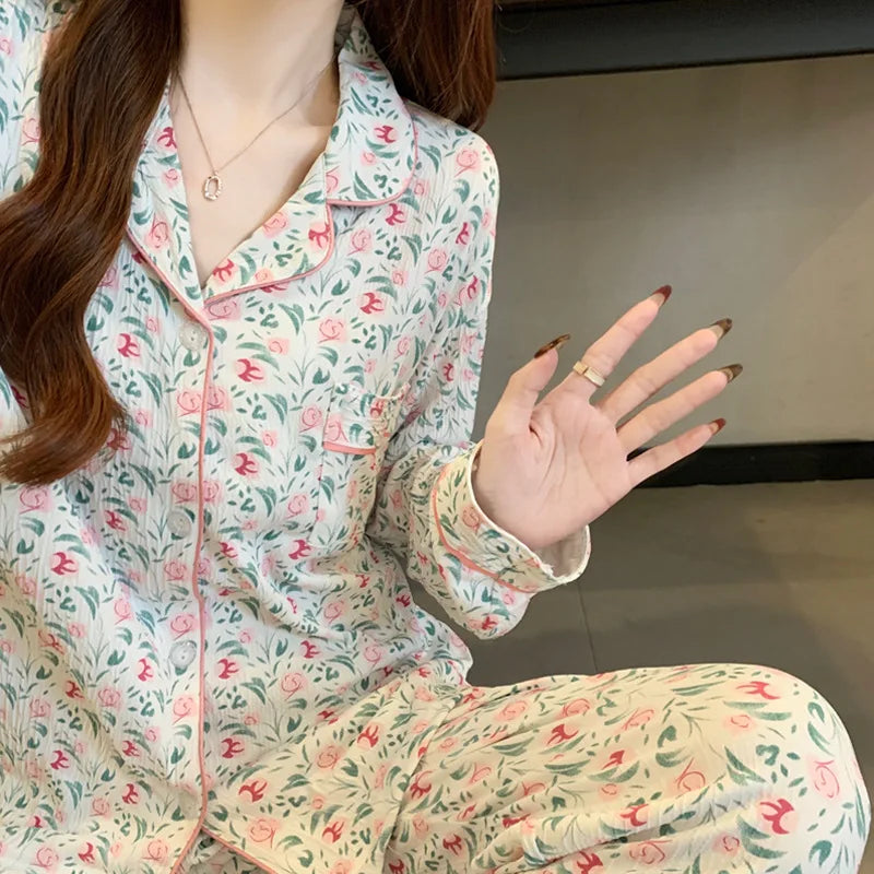 Spring and Autumn New Women's 2025 Printed Wrinkled Cloth Pajamas Girls Long-Sleeved Sweet Small Flowers Pajamas Homewear Set