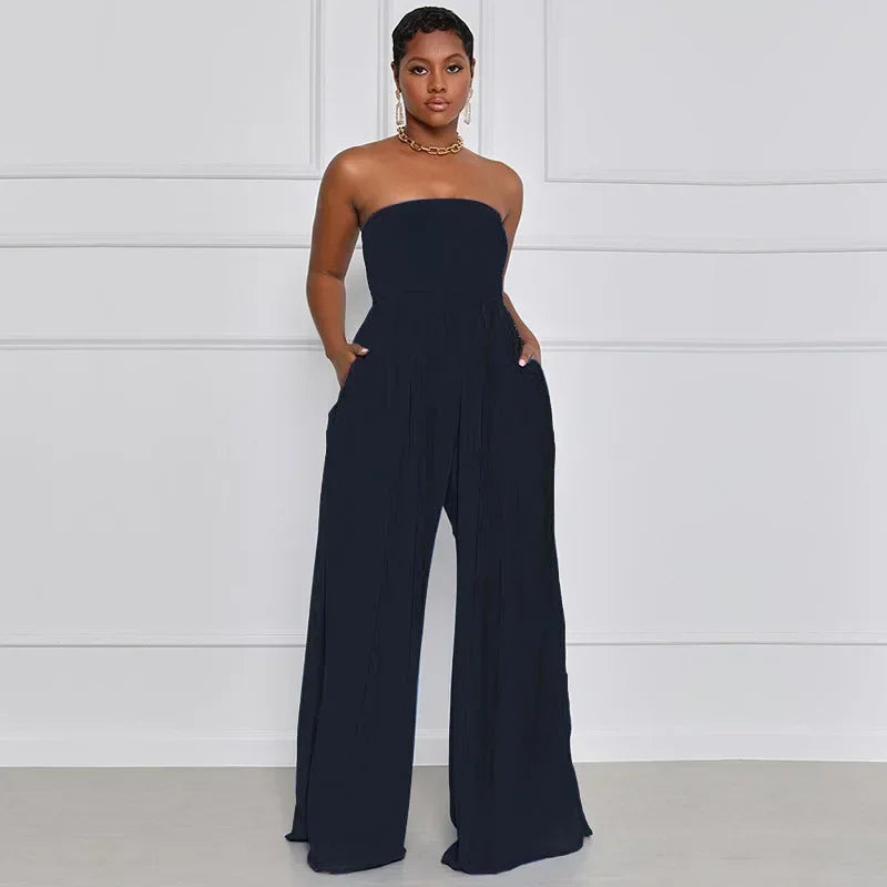 Women Strapless Sleeveless Long Loose Wide Leg Pants Overall Jumpsuits High Waist Solid Color Full Length Pants