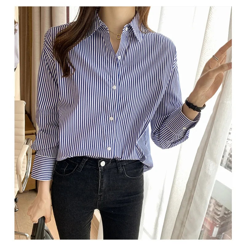 Korean Loose Shirt Classic Striped Woman Spring Autumn Blouses Shirt Lady Long Lantern Sleeve Stand Collar Loose Blusas Tops