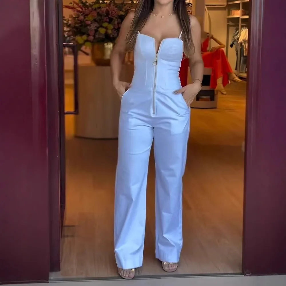 Fashion High Street Sleeveless Jumpsuit For Women 2025 Sexy Spaghetti Strap Bodycon Jumpsuits Office Elegant White Slim Romper