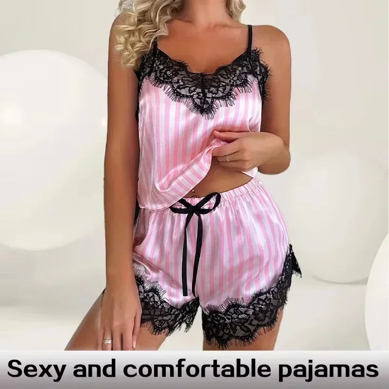 Two Piece Womens V-Neck Sexy Lace Lingerie Suspender Pajama Shorts Set Casual Woman Sleeveless Sexy Pajama Set Female Nightdress