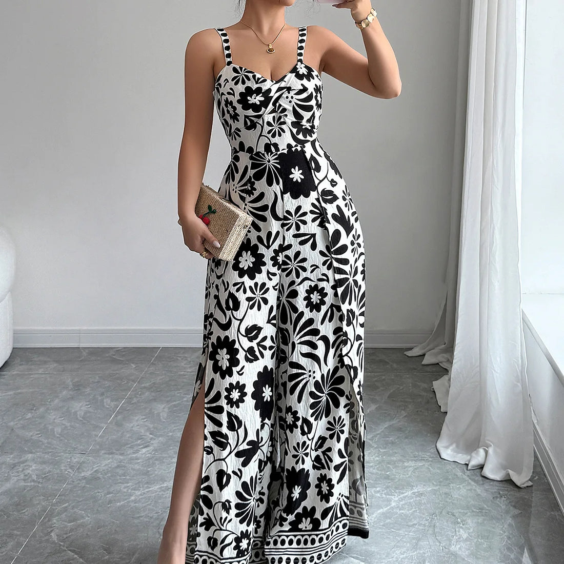 Jumpsuits Sleeveless Women V Neck Print Rompers Wide Leg Length Pants Jumpsuit Sexy High Waist Slight Strech Loose One Piece