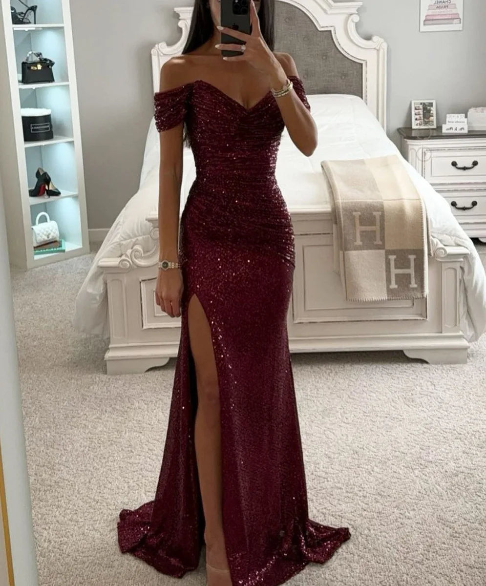 Women New Party Sequins Strapless Split Dress Casual Fashion Dress Solid Color High Waist Floor Length