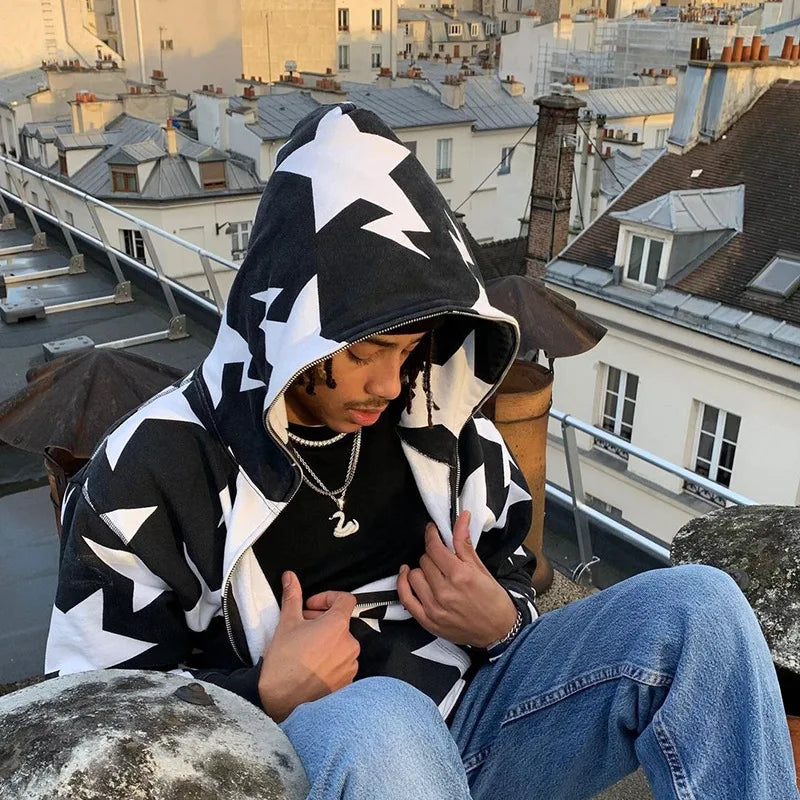 y2k Sweatshirt Men Star Print Long Sleeve Hooded Tops 2000s Aesthetic Clothes Zip Up Streetwear Fairycore Grunge Jacket Fall