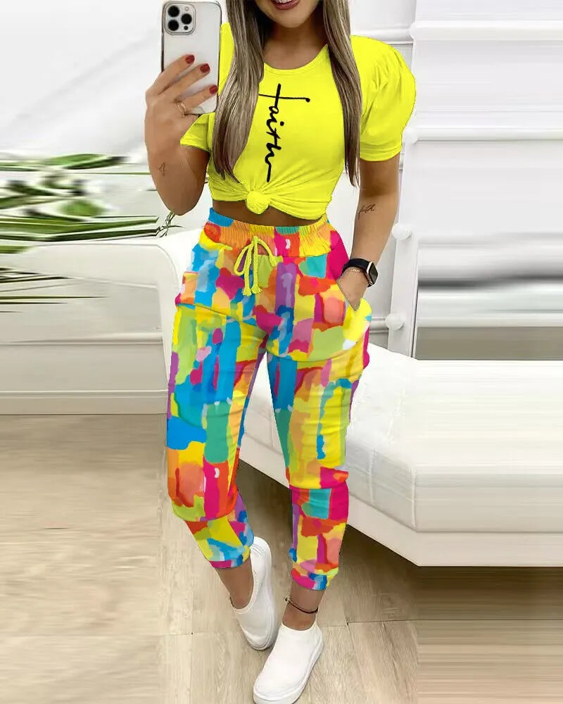 Summer Women's New Short Sleeved Pants Two-piece Commuting Fashion Printed Drawstring Sexy Exposed Waist Pants Set