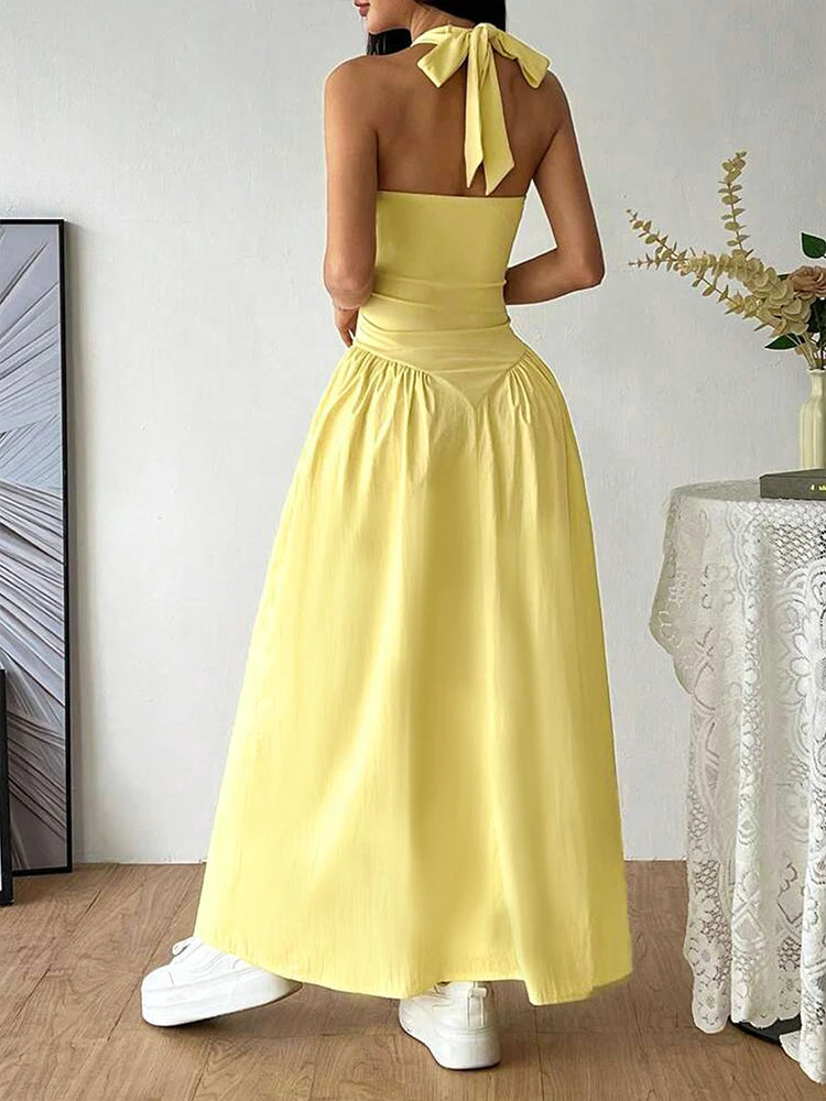 Women's Maxi Dresses New Summer Solid Sexy Backless V-neck Dress Streetwear Fashion Female Casual Slim Halter Dresses Clothing