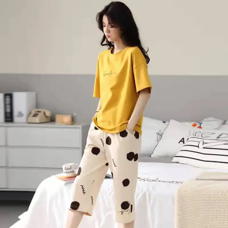 Women Sleepwear Half-Sleeve Seven-Quarter Trousers Student Nightwear Homewear Set Round Neck Cartoon Ladies Pajamas Loungewear