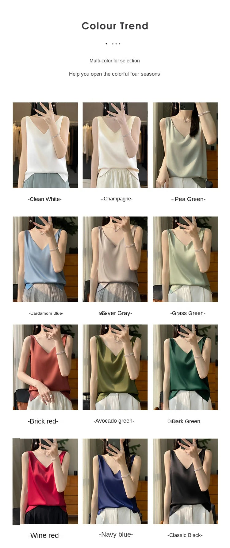 2024 New Silk Satin Women's Tank Top Basic V-neck Multi Color White Black Women's Sleeveless Top Summer Sexy Bottom
